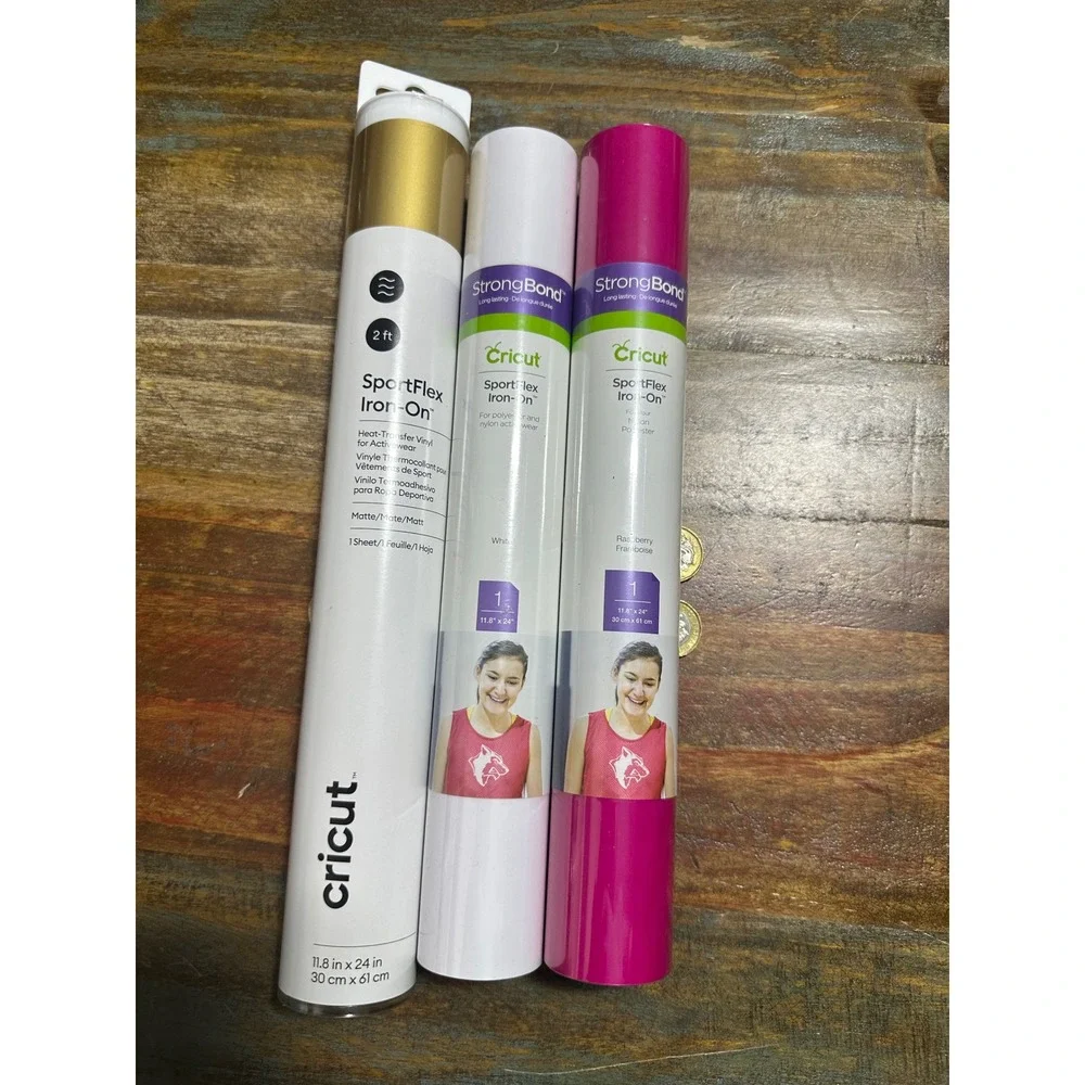 Cricut SportFlex Iron-On HTV Vinyl Bundle Gold White Raspberry 11.8x24 3 Rolls